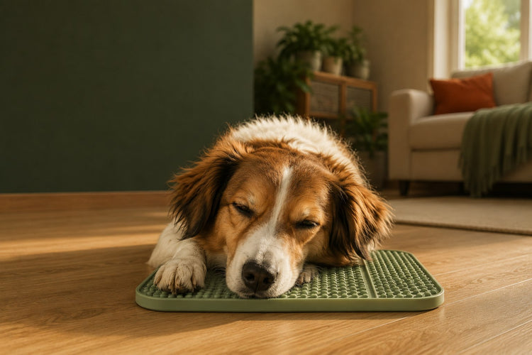 Chien apaisé assoupi, museau posé sur un tapis de léchage vert, dans un salon chaleureux et lumineux